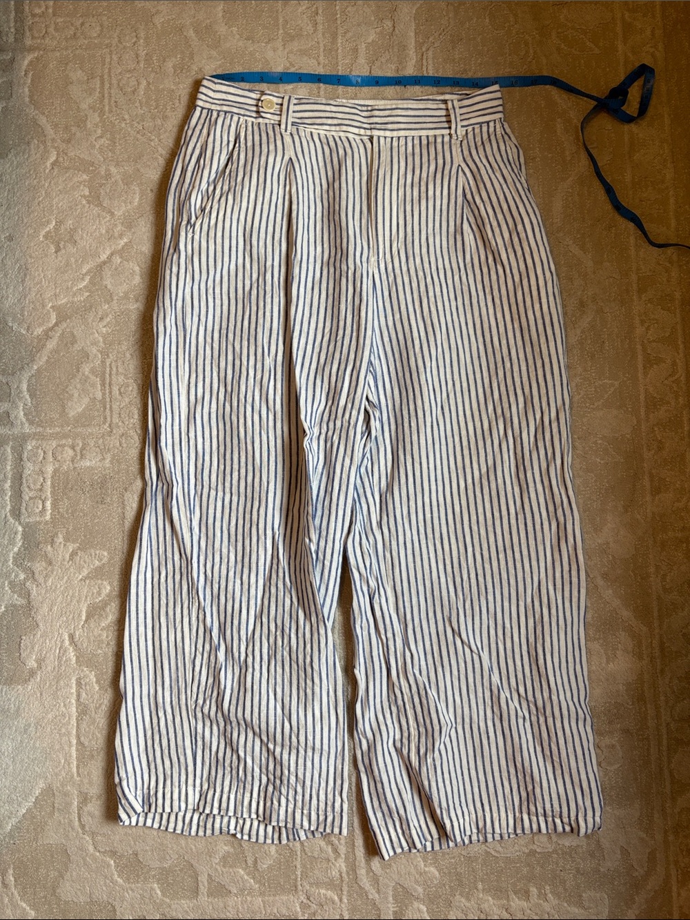 Madewell Blue Pin Stripe Wide-Leg 100% Linen Trousers Size 8